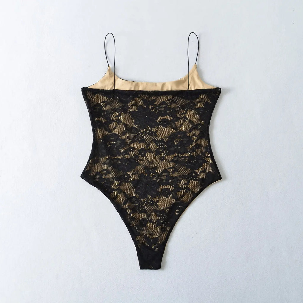 Sexy Lace See Through Bodysuit With Lining Elastic Spaghetti Straps Slim Fit