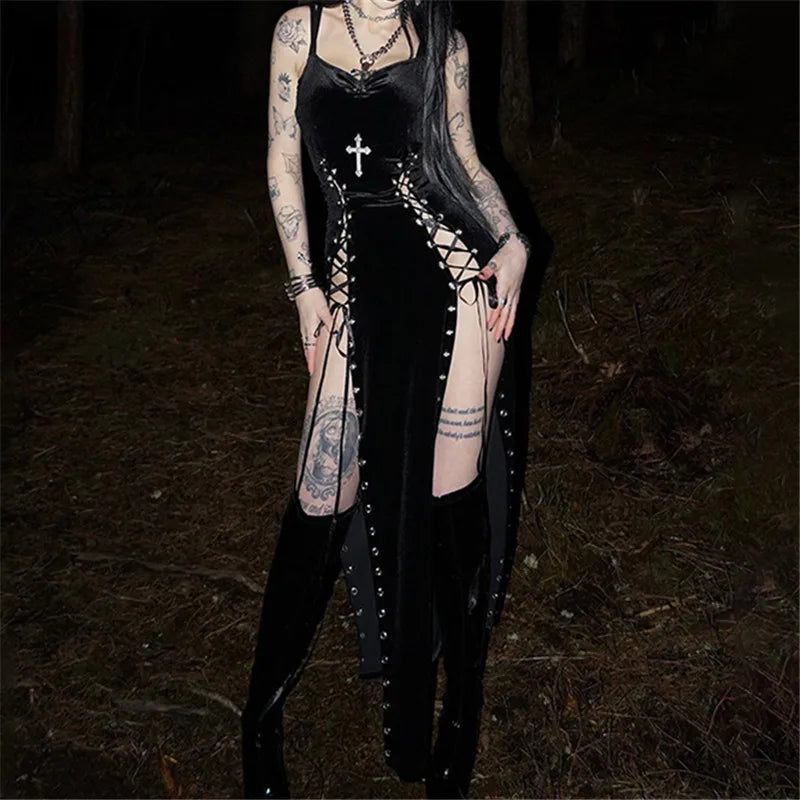 Velvet Gothic Gown With High Split Hem And Straps