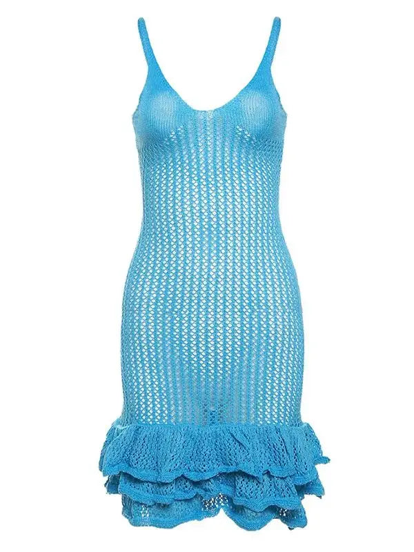 Open Knit Crochet Cami Mini Dress With Ruffle Hem