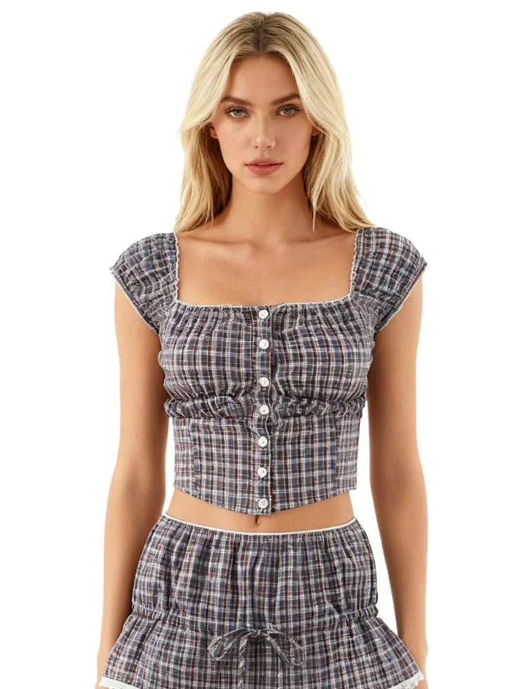 Sweet Plaid Chic Single Breasted Cropped Tops French Square Collar Puff Sleeve Blouse