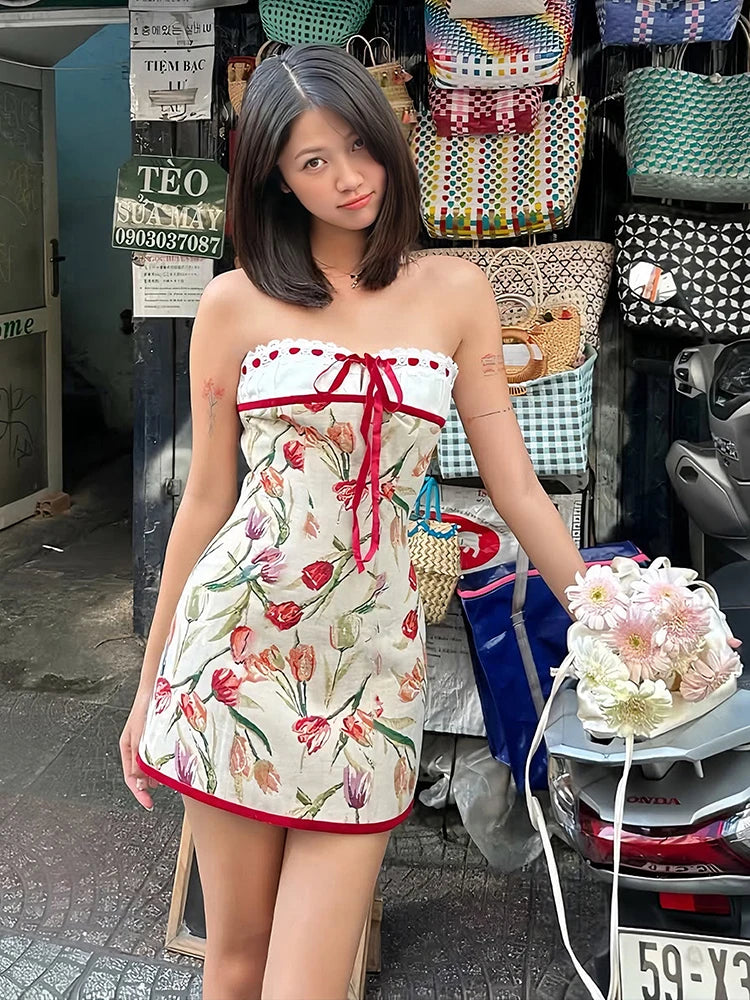 Ribbon Bow Women Lace Patchwork Art Print Folds Mini Body-con Dress