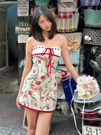 Ribbon Bow Women Lace Patchwork Art Print Folds Mini Body-con Dress