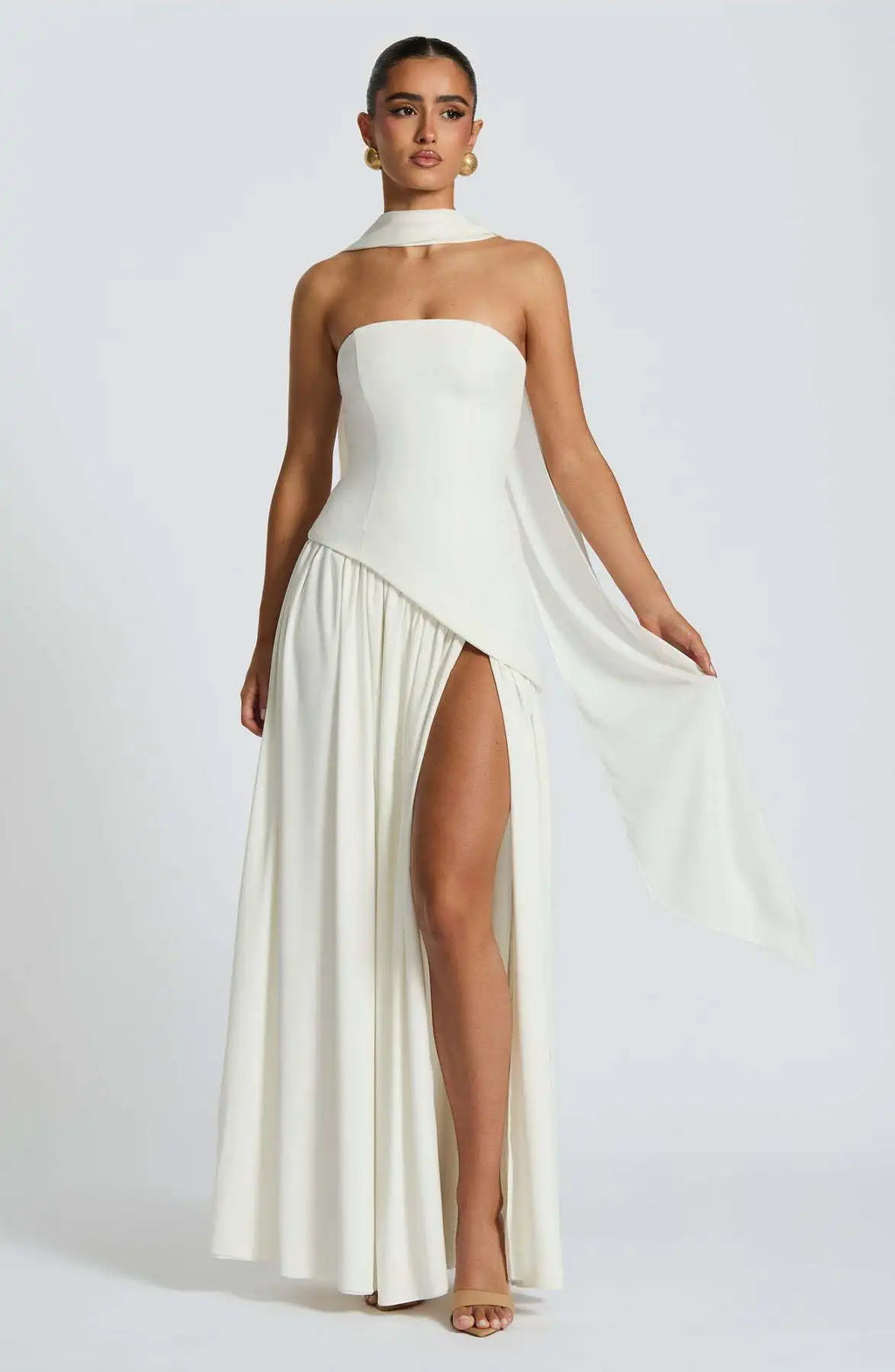 Elegant Off-Shoulder Evening Gown With Patchwork Pleats And Scarf Neck High Split Long Dress