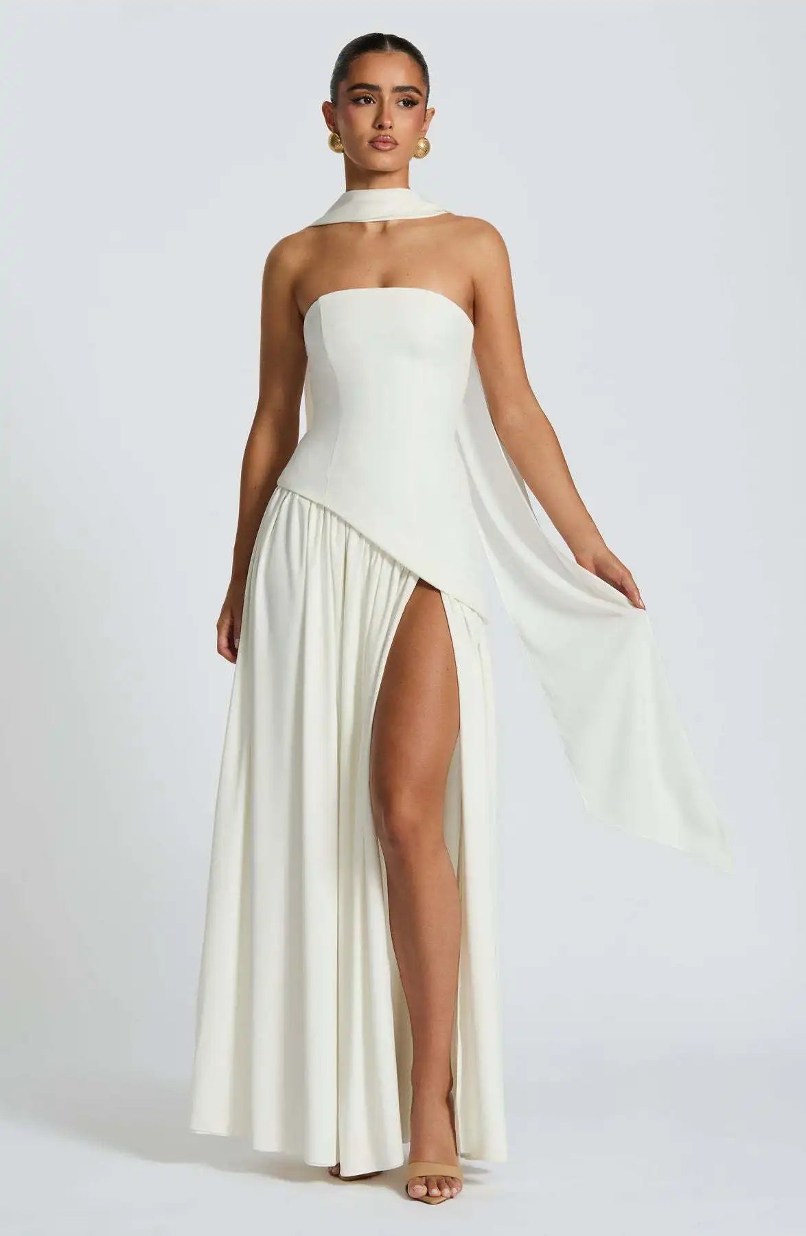 Elegant Off-Shoulder Evening Gown With Patchwork Pleats And Scarf Neck High Split Long Dress