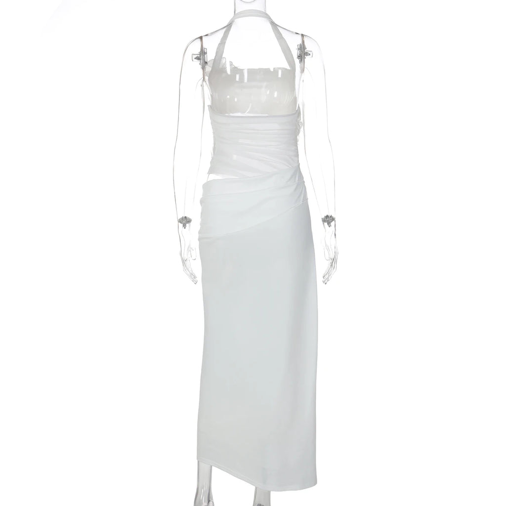 Halter Backless Sheer Mesh Maxi Dress With Floral Embellishment