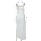 Halter Backless Sheer Mesh Maxi Dress With Floral Embellishment