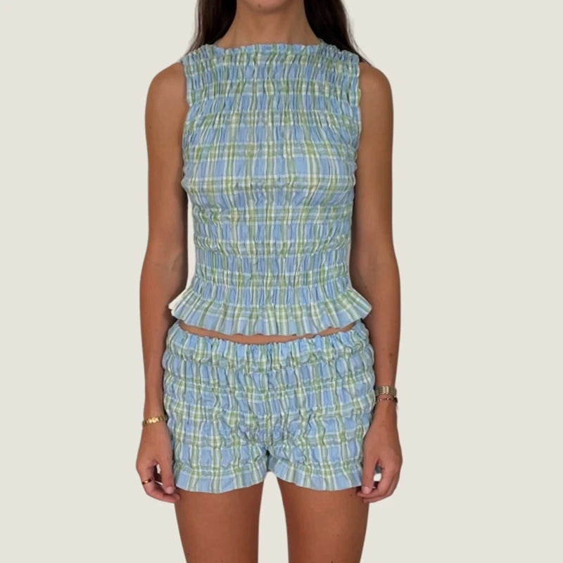 Cozy Two-piece Plaid Shorts Set With Smocked Tank Sleeveless Top And Ruffled Trim