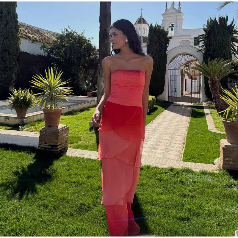 Gradient Flowy Chiffon Three Piece Set With Tube Top Tiered Skirt And Sheer Scarf