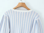 Sweet Blue White Striped Button Through Pointelle Knit Cardigan Sweater Woman Full Puff Sleeve Jumper Cropped Knitwear
