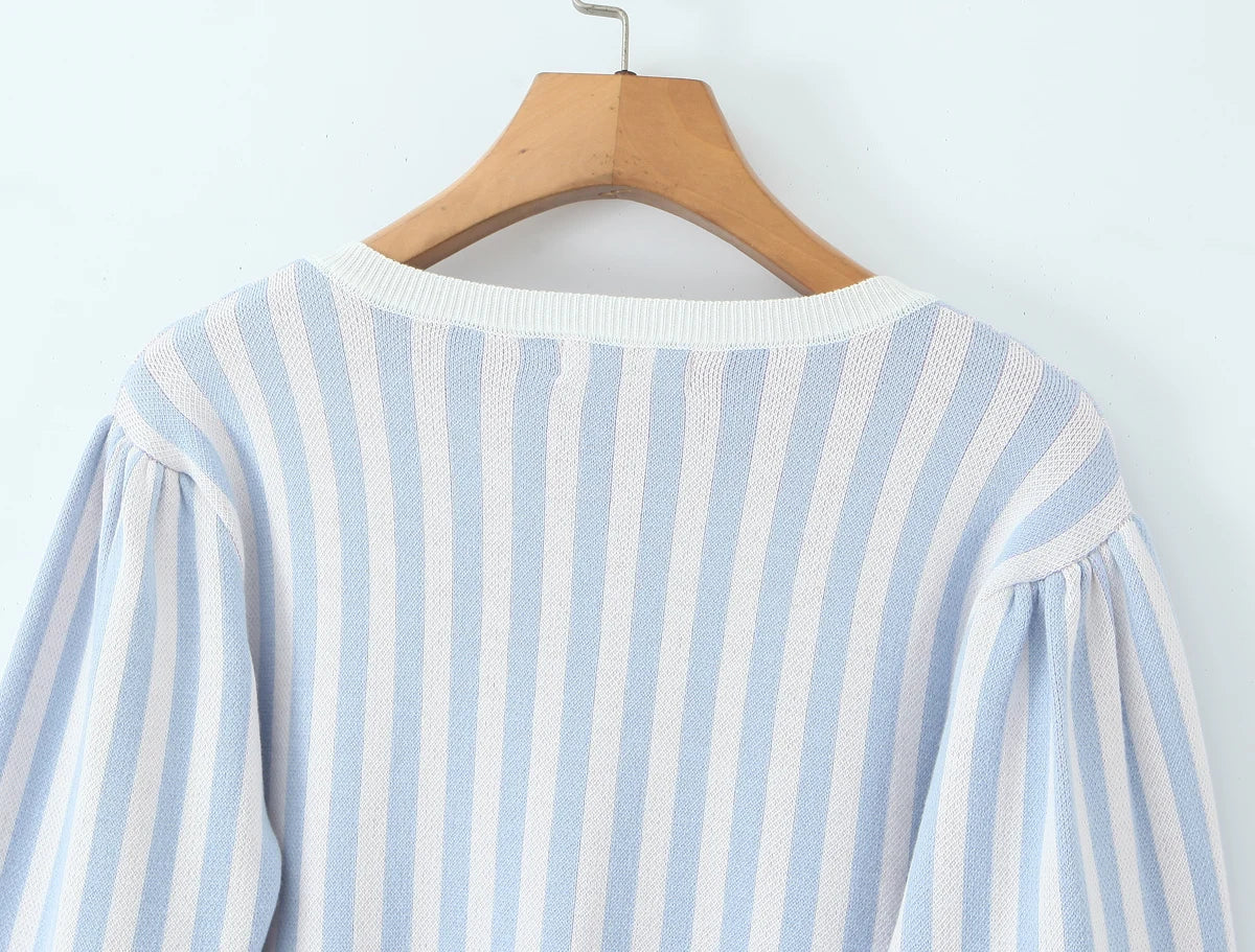 Sweet Blue White Striped Button Through Pointelle Knit Cardigan Sweater Woman Full Puff Sleeve Jumper Cropped Knitwear