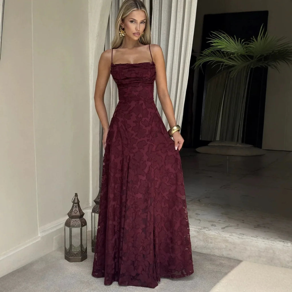 Romantic Floral Jacquard Maxi Dress With Spaghetti Straps Ruched