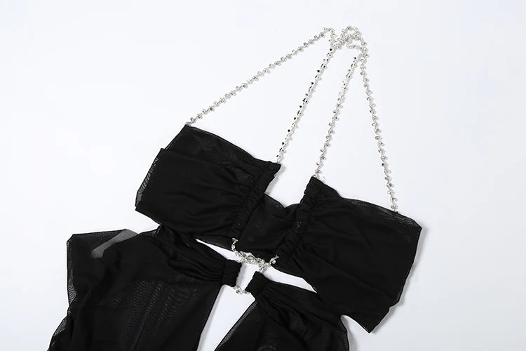 Sheer Halter Gown With Chain Detailing Backless Sleeveless