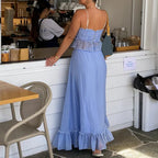 Patchwork Tie Up Camisole Set With Ruched Ruffle Maxi Skirt