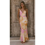 Sunlit Breeze Printed Strap Maxi Dress With V Neck Backless