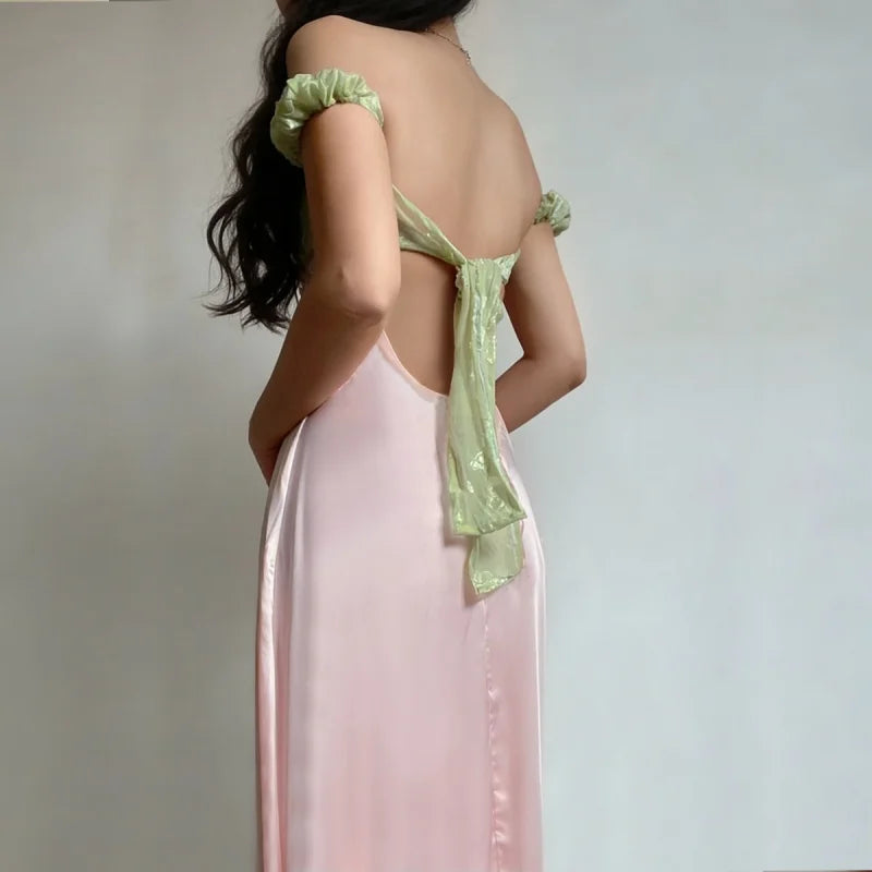 Color Block Off Shoulder Satin Maxi Dress With Lace Mesh Corset Bodice Elegant Evening Gown