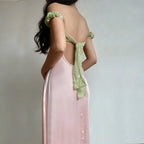 Color Block Off Shoulder Satin Maxi Dress With Lace Mesh Corset Bodice Elegant Evening Gown