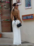 Backless Halter Dress in Color Block Lace Up