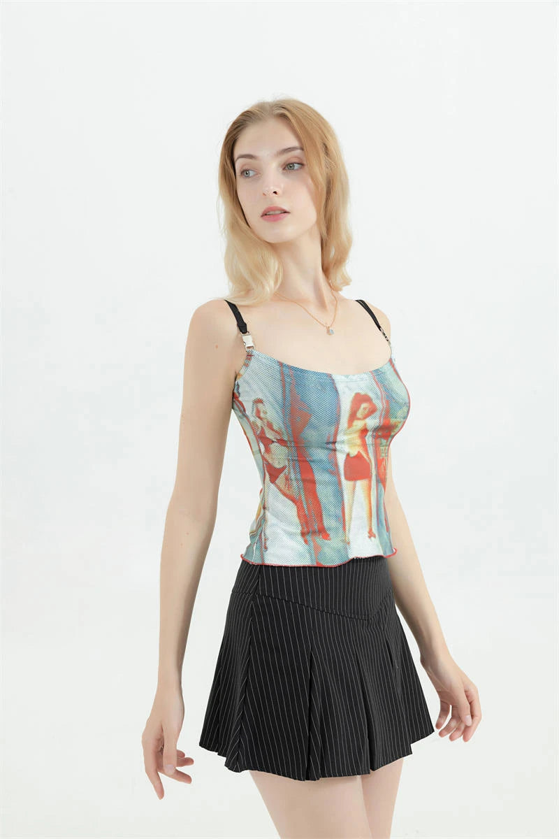 Flirty Vintage Graphic Spaghetti Strap Cami Top With Off Shoulder Flair