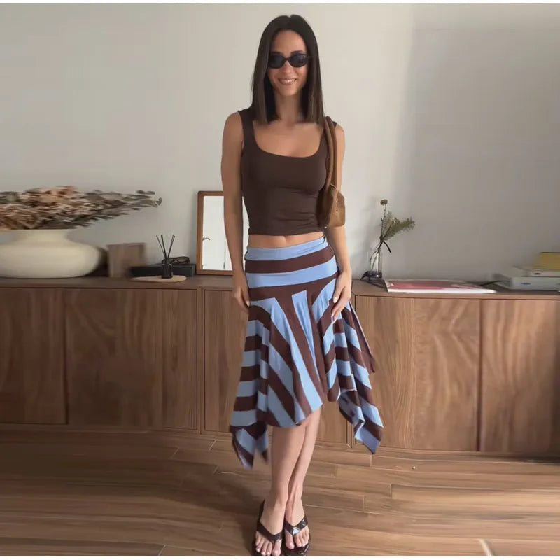 Striped Midi Skirt With Asymmetric Pleated Hem For Women Casual Style Flattering Low Rise