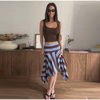 Striped Midi Skirt With Asymmetric Pleated Hem For Women Casual Style Flattering Low Rise