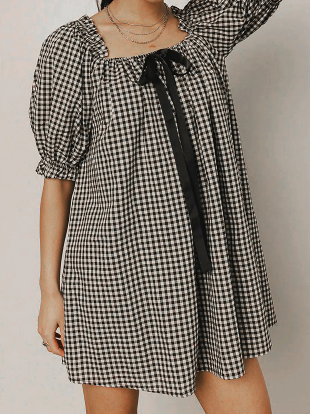 Gingham Babydoll Mini Dress With Puff Sleeves And Bow