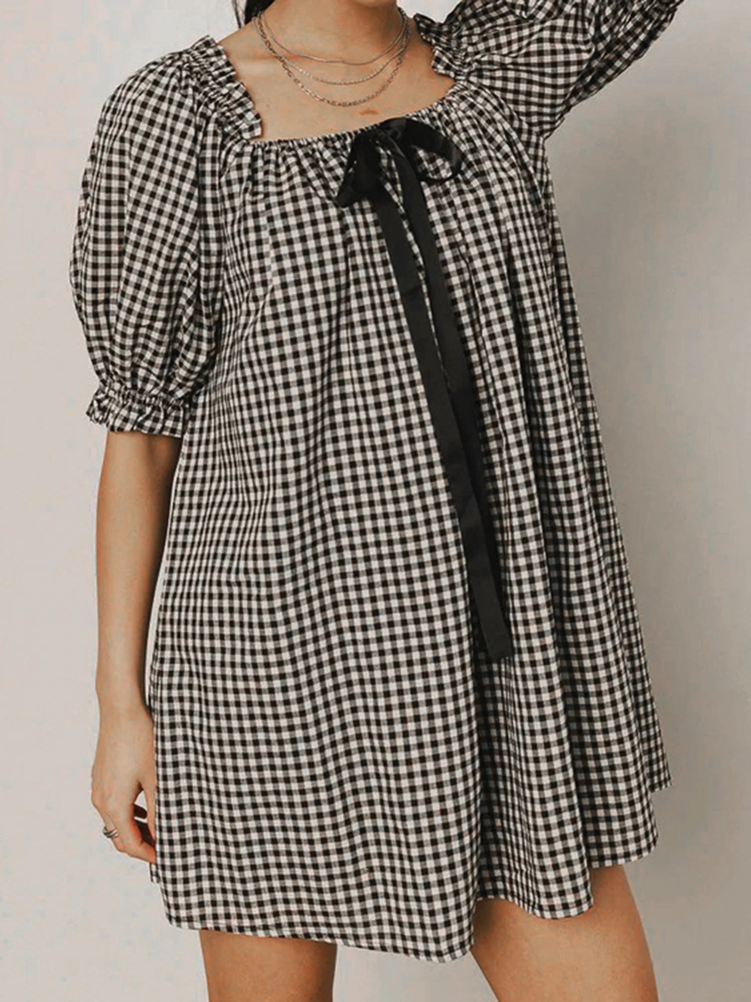 Gingham Babydoll Mini Dress With Puff Sleeves And Bow