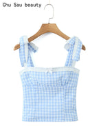 Women New Fashion Sweet Plaid Chic Lace Patchwork French Square Collar Backless Top