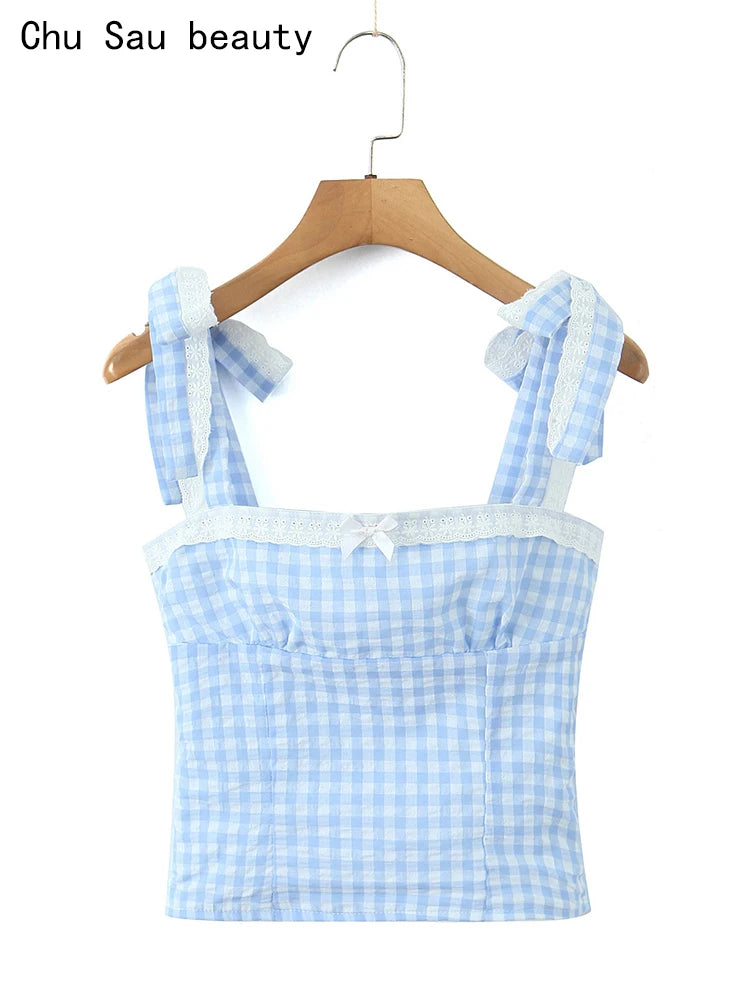 Women New Fashion Sweet Plaid Chic Lace Patchwork French Square Collar Backless Top
