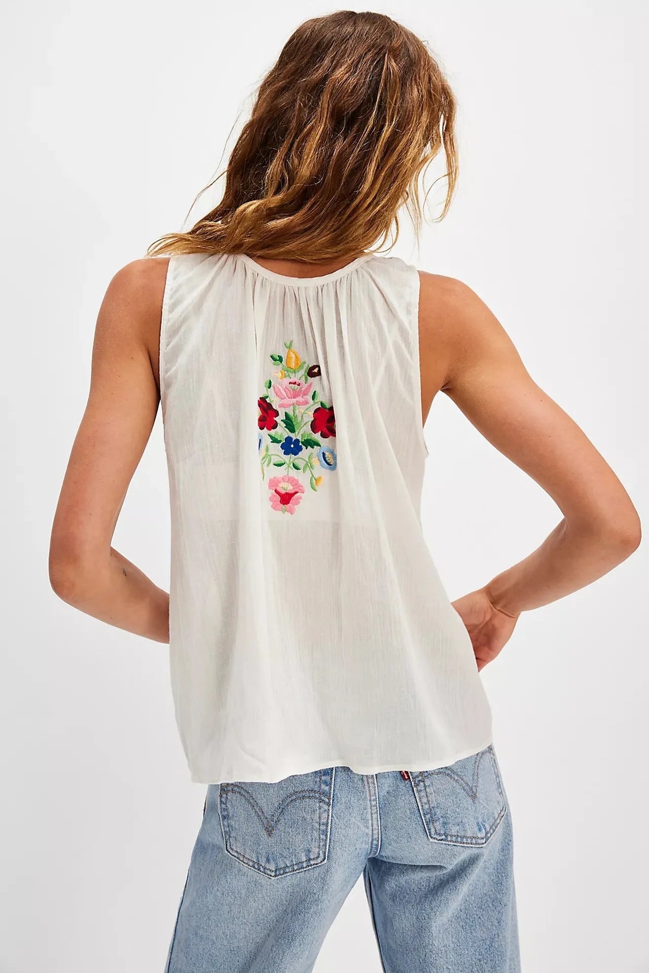 Cotton Floral Embroidered Tank Top Sleeveless Blouse
