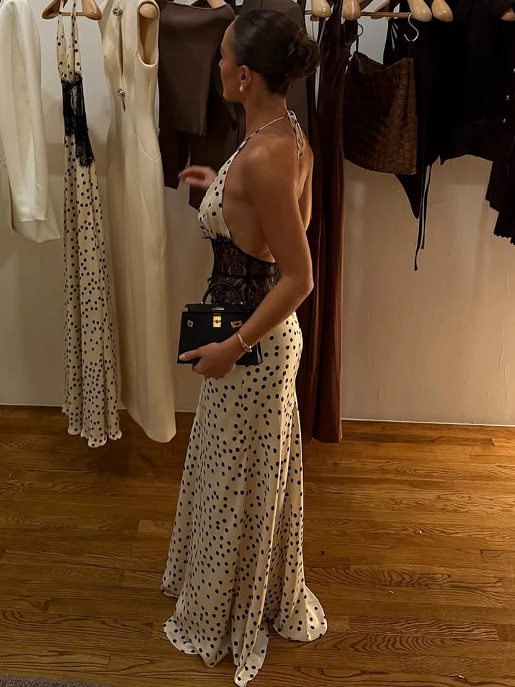 Polka Dot Backless Maxi Dress With Lace Patchwork Halter Neck Deep V Bodycon Evening Gown