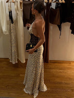 Polka Dot Backless Maxi Dress With Lace Patchwork Halter Neck Deep V Bodycon Evening Gown