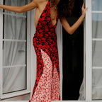 Halterneck Backless Patchwork Maxi Dress In Dots And Floral Print
