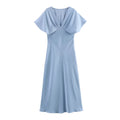 Elegant l Solid Satin Midi Dress With V Neck And Short Sleeves