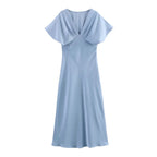 Elegant l Solid Satin Midi Dress With V Neck And Short Sleeves