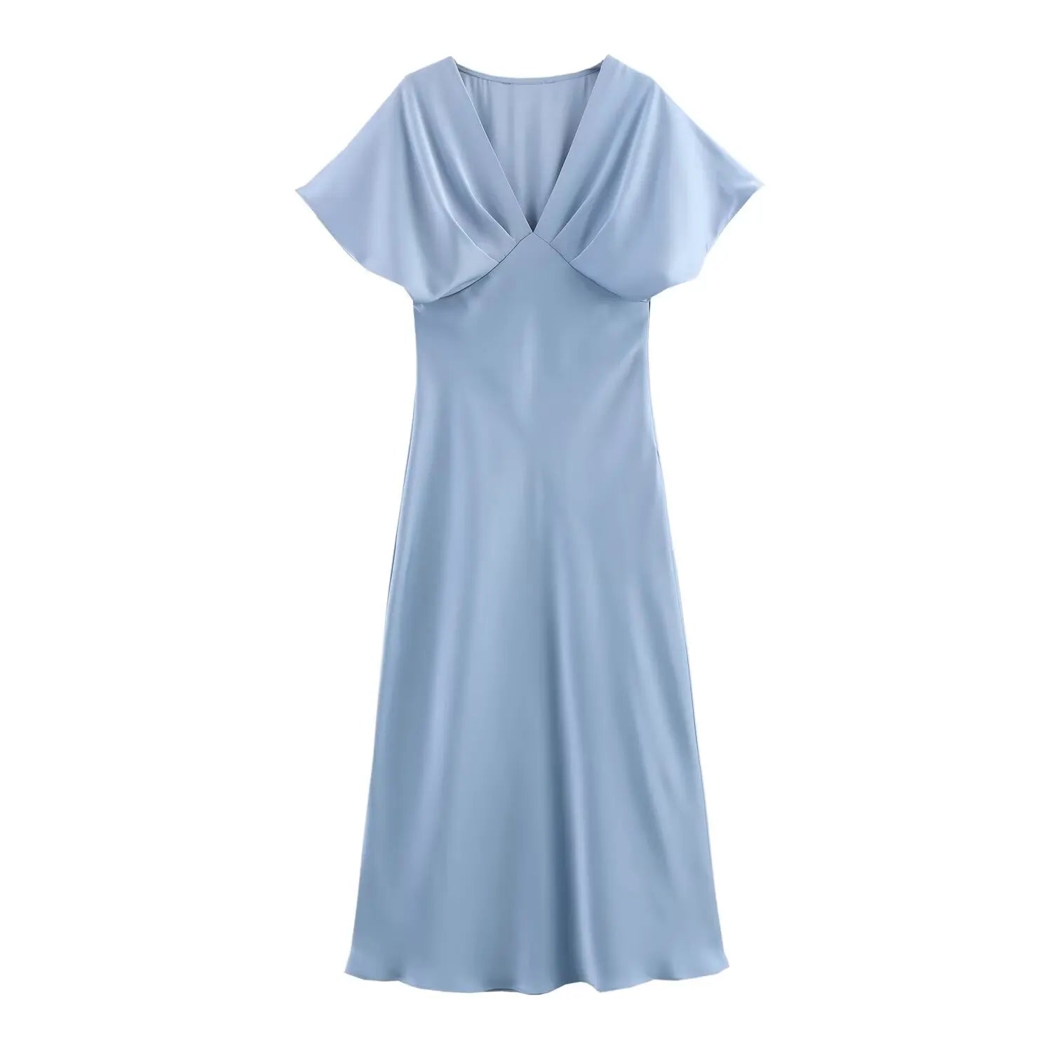 Elegant l Solid Satin Midi Dress With V Neck And Short Sleeves
