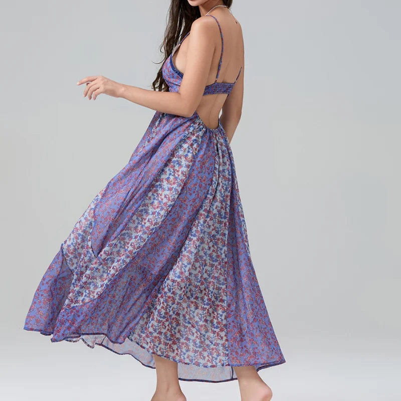 Women's Boho Chiffon Floral Print Long Strap Backless Maxi Dress