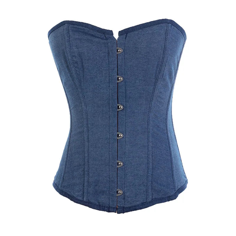 Denim Victorian Corset Top Strapless Overbust Bustier Vintage Style