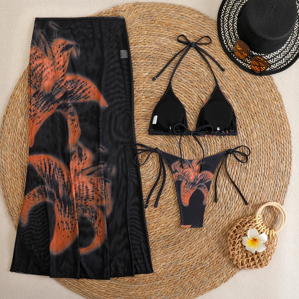 Flowers Printed With Skirt Halter Bikini Three-pieces Bikini set