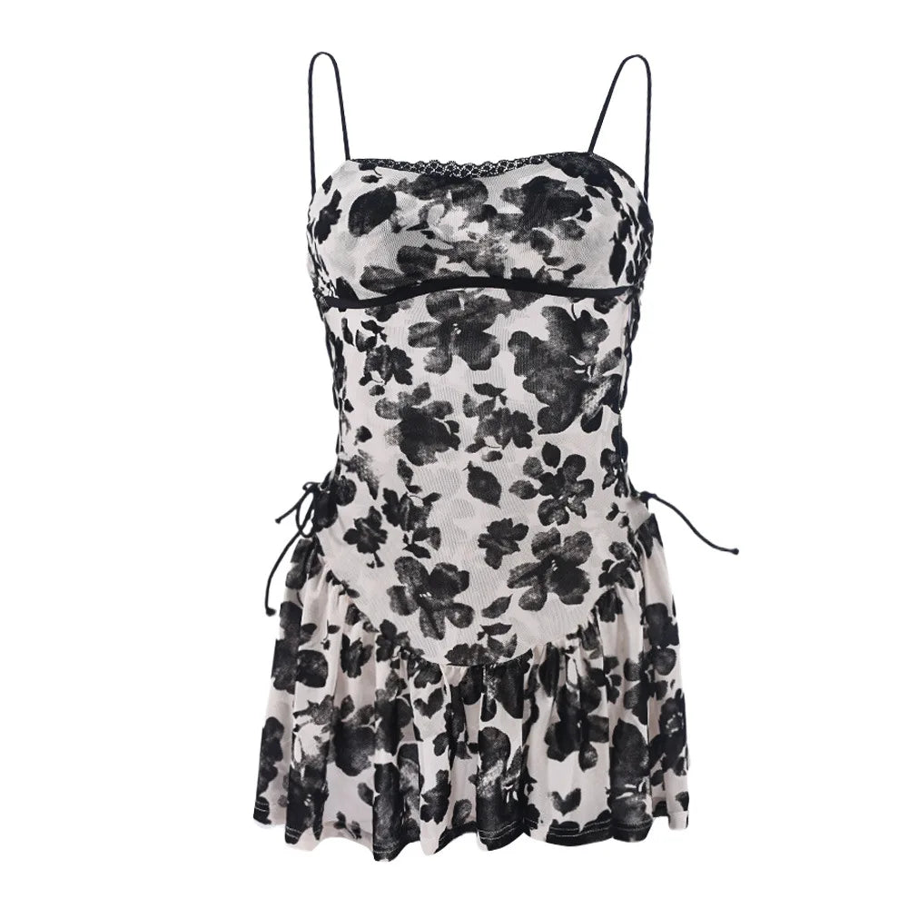 Floral Print Strapless Mini Dress With Ruffles Sleeveless Above Knee