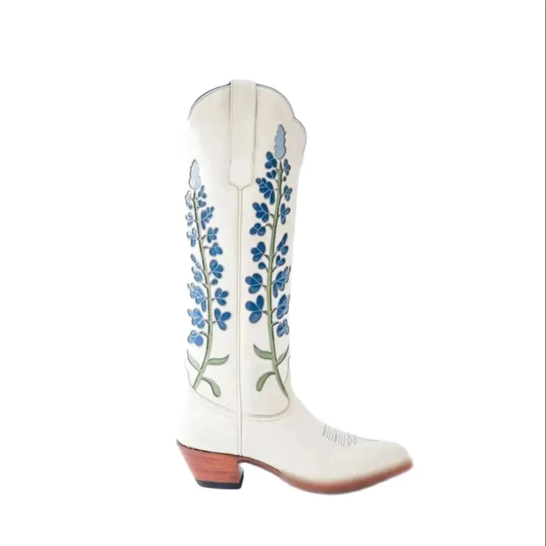 Floral Embellished Knee High Boots With Zipper And Chunky Heel