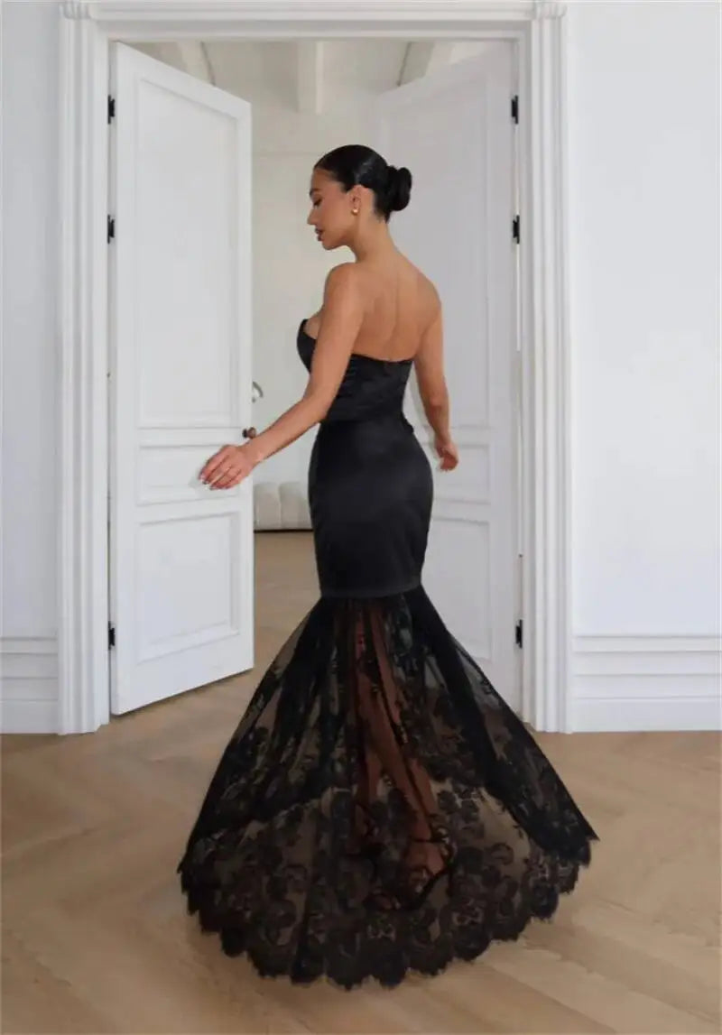 Satin Strapless Maxi Dress Off Shoulder Backless