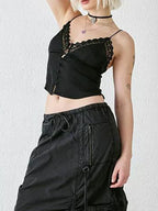 Dreamy V Neck Lace Trim Spaghetti Tank Top With Backless
