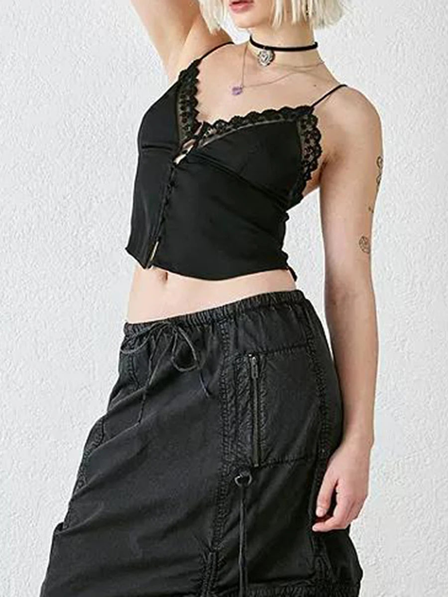 Dreamy V Neck Lace Trim Spaghetti Tank Top With Backless