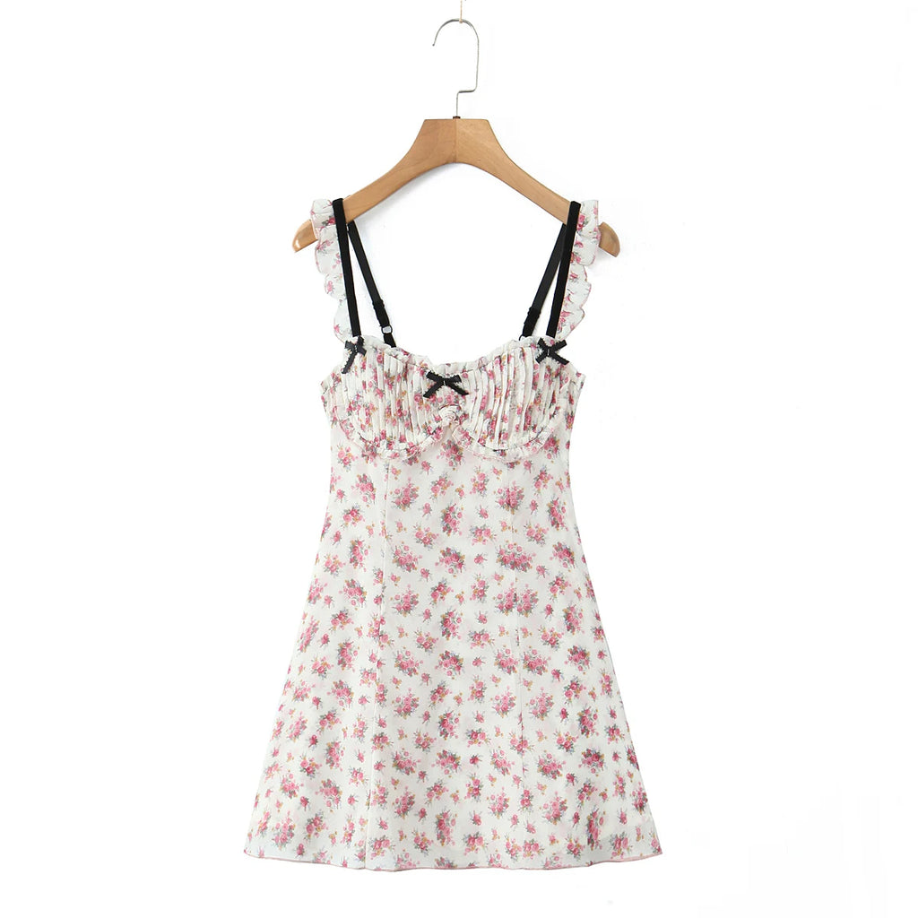 Romantic Beige Pink Flower Sling Sexy Dress Ruched Bra Backless  Dress