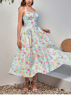 Floral Halter Midi Dress With Spaghetti Straps, Backless Corset Waist Tie Up Detail