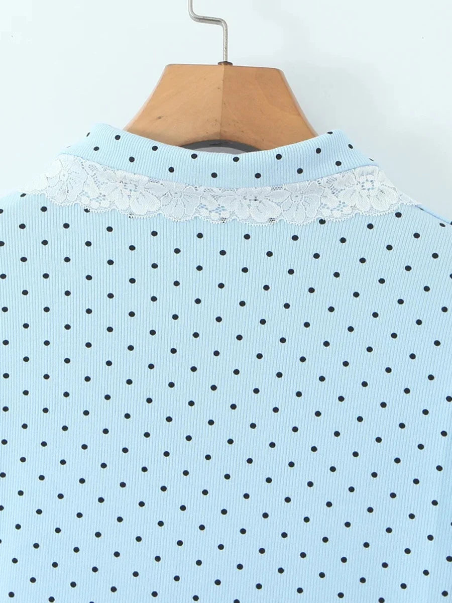 Dreamy Blue Polka Dot Puff Sleeve With Cutout Lace Trim