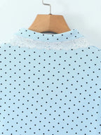 Dreamy Blue Polka Dot Puff Sleeve With Cutout Lace Trim