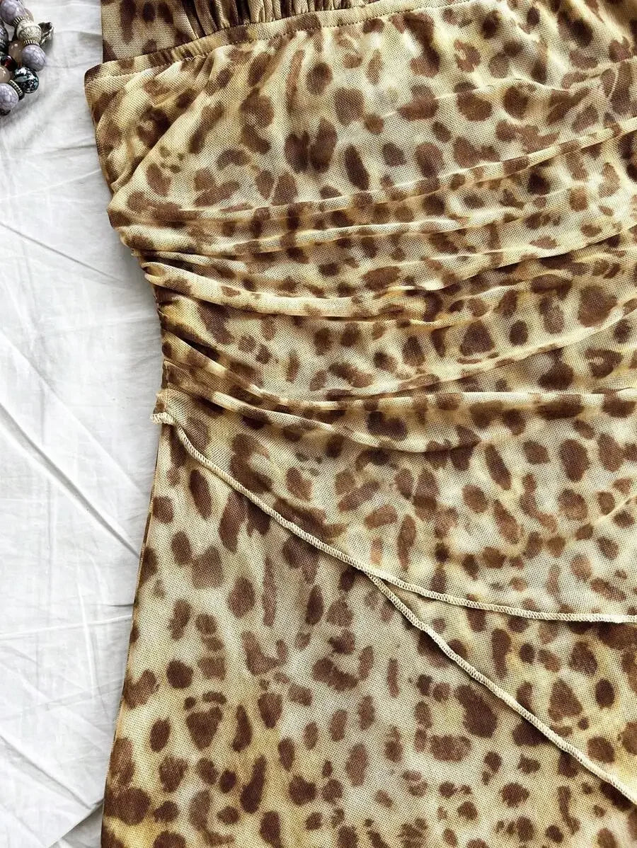 Leopard Halter Neck Mini Dress With Tie Up Front And Ruffle Hem
