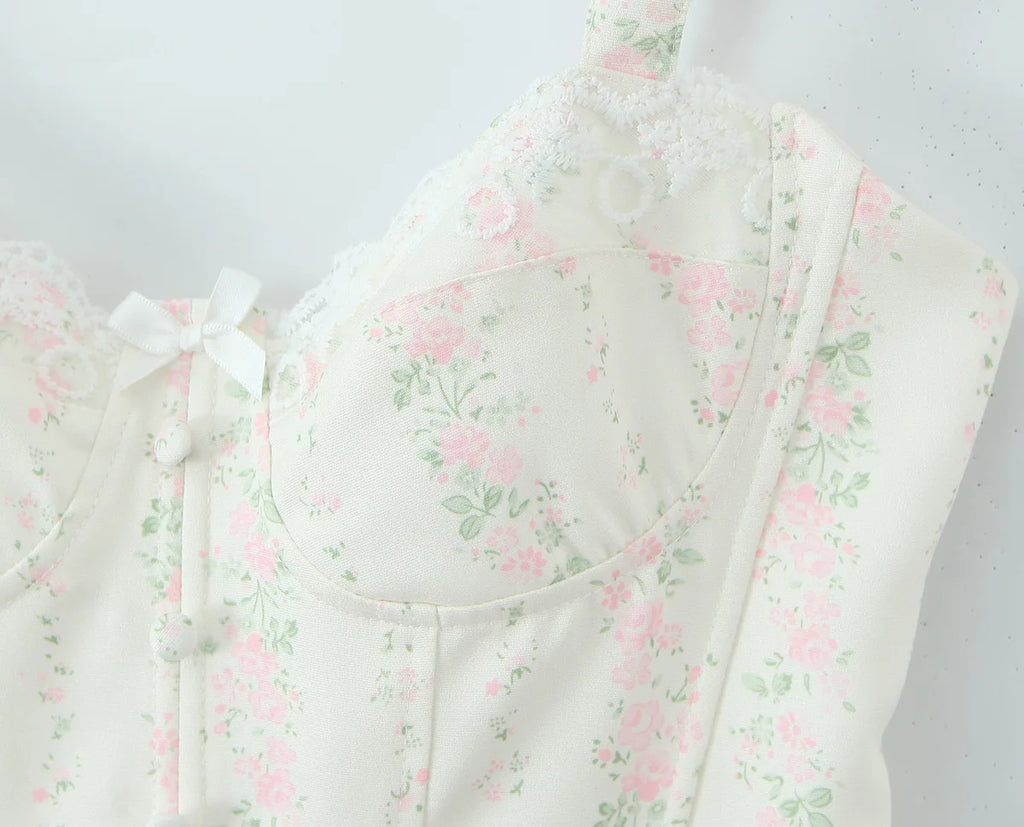 Vintage Sweet Floral Print Mini Dress Set Strapless Crop Top Bodycon Skirts Outfit