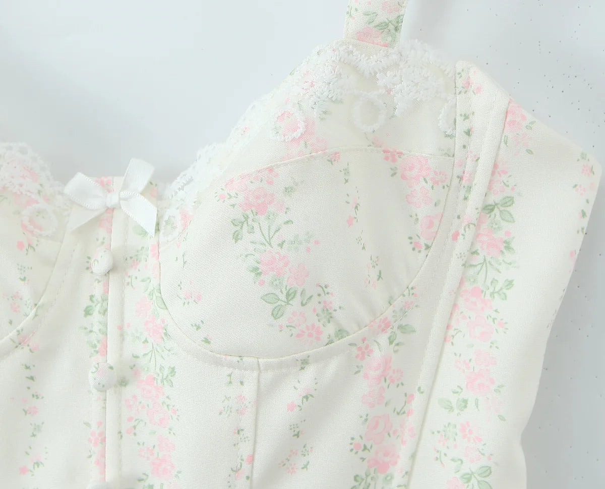 Vintage Sweet Floral Print Mini Dress Set Strapless Crop Top Bodycon Skirts Outfit